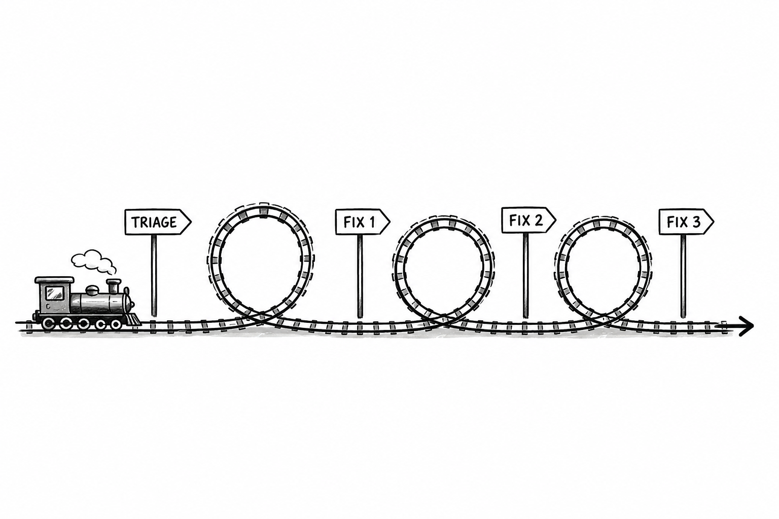 An illustrated train rolling onto a track with a triage loop followed by a loop for fix 1, fix 2, and fix 3