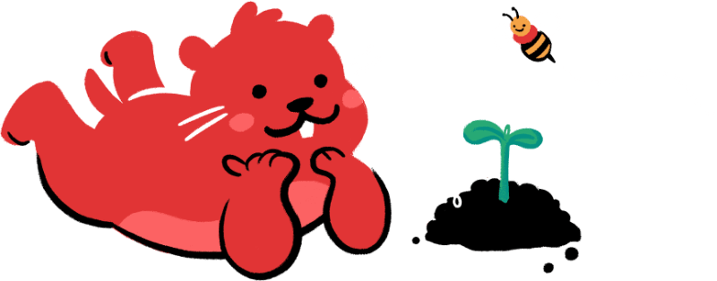 Gopher lying on the grass, watching a sapling grow while a butterfly drifts past