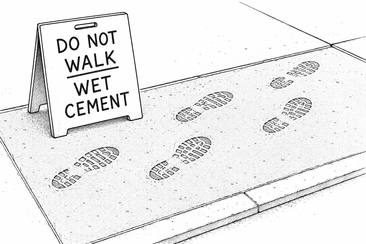 An illustrated Do Not Walk - Wet Cement sign with footprints stomped right across the fresh cement